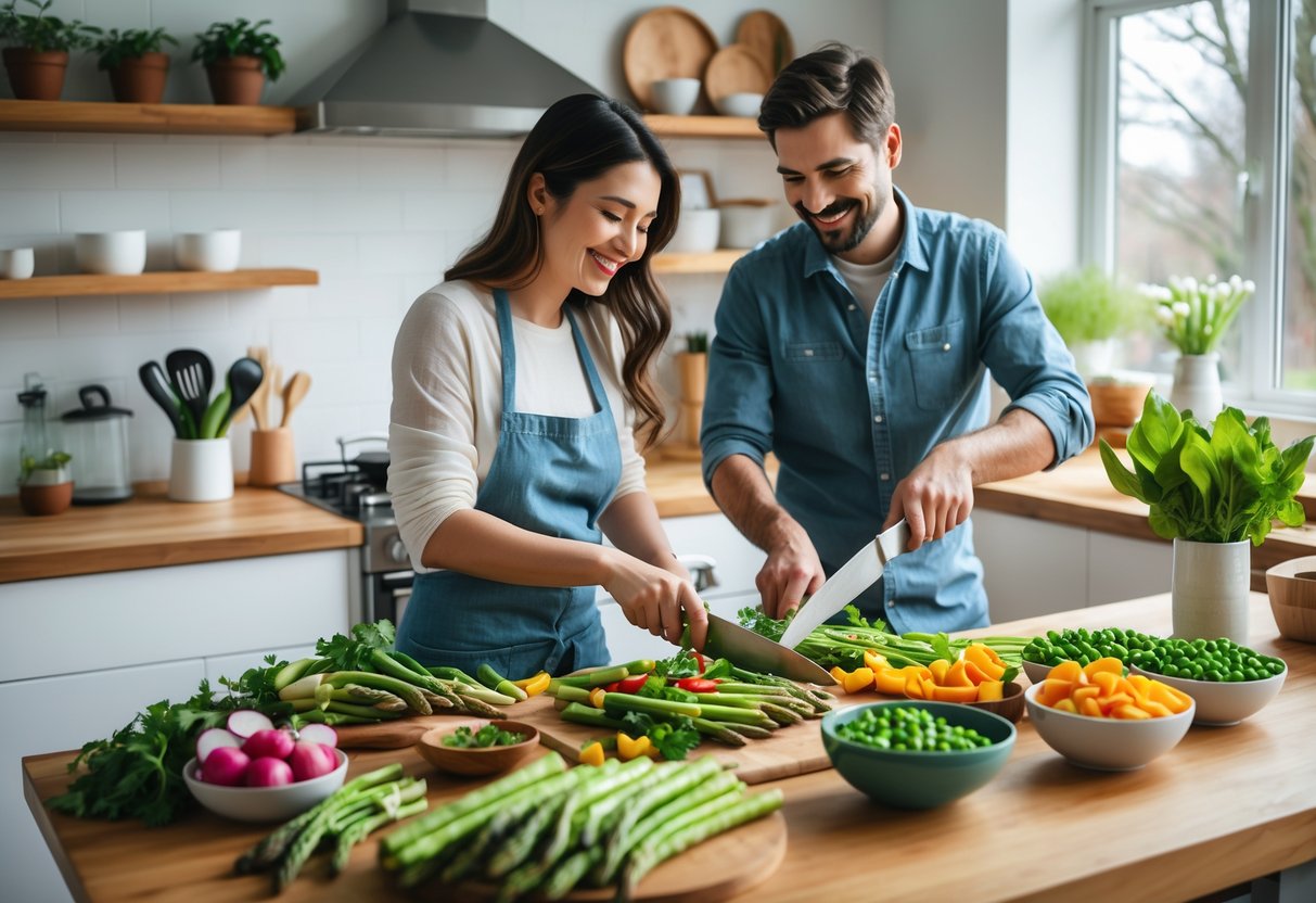 A couple cooking together with fresh spring vegetables in a bright kitchen.