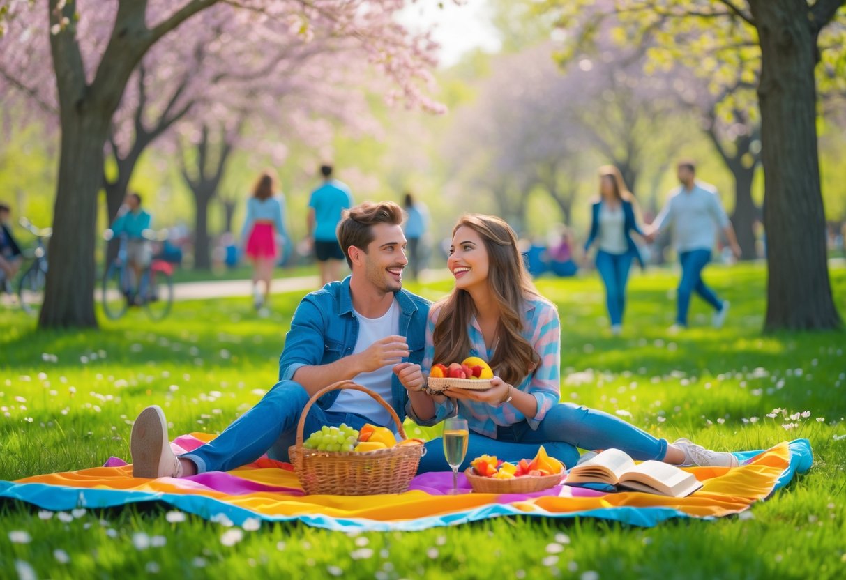 A young couple having a picnic on a blanket in a park surrounded by blooming flowers and trees on a sunny spring day.