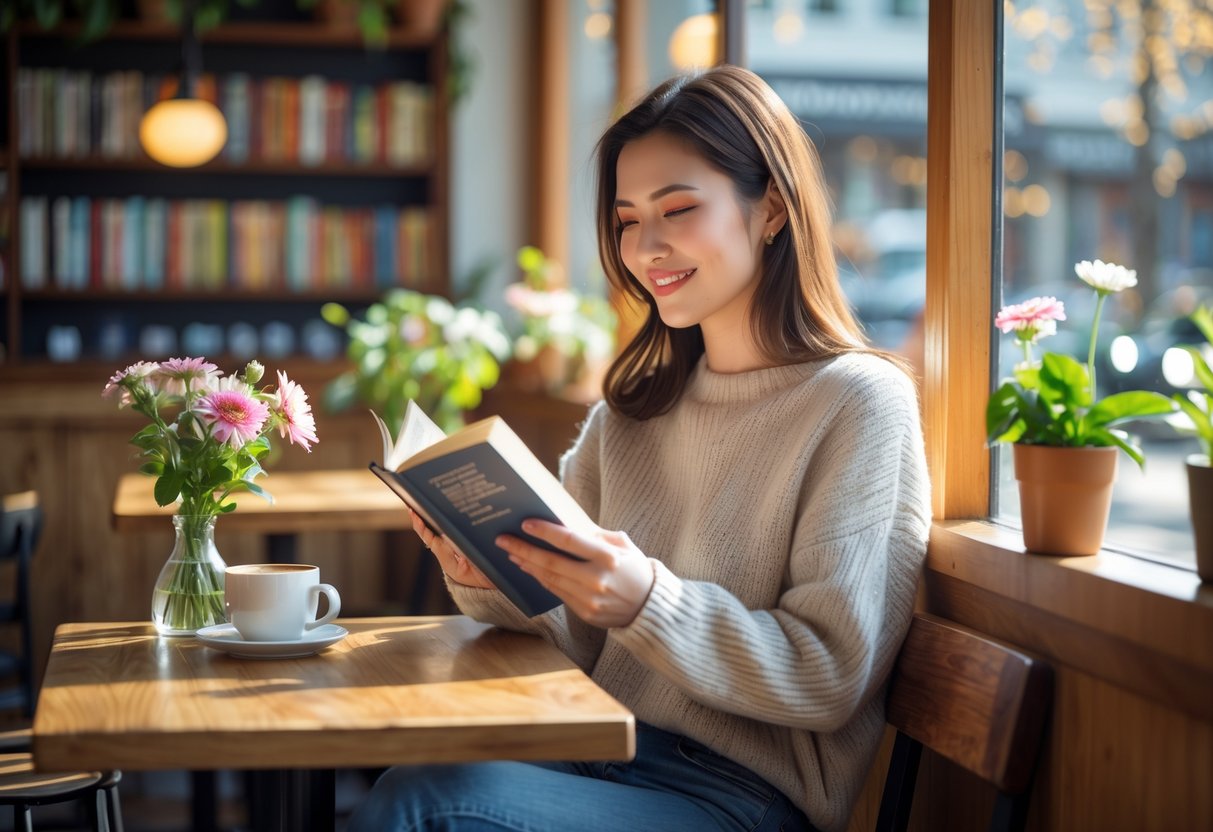 A young woman sitting alone at a café table by a window, reading a book with a cup of coffee nearby.
