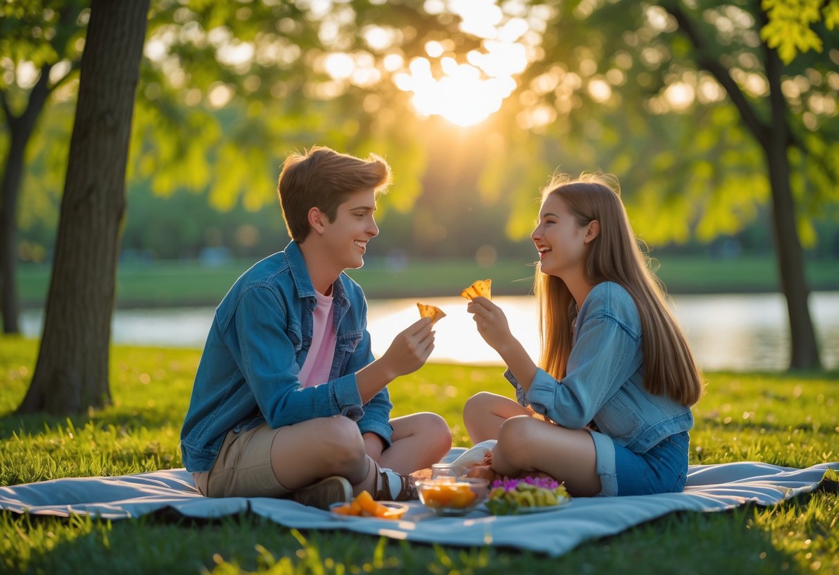 Two teenagers sitting on a picnic blanket in a park, sharing snacks and smiling at each other.