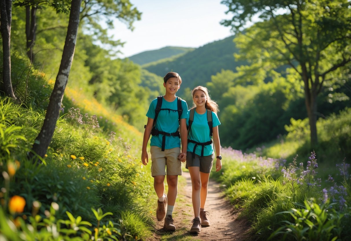 Two teenagers hiking together on a forest trail surrounded by trees and greenery.