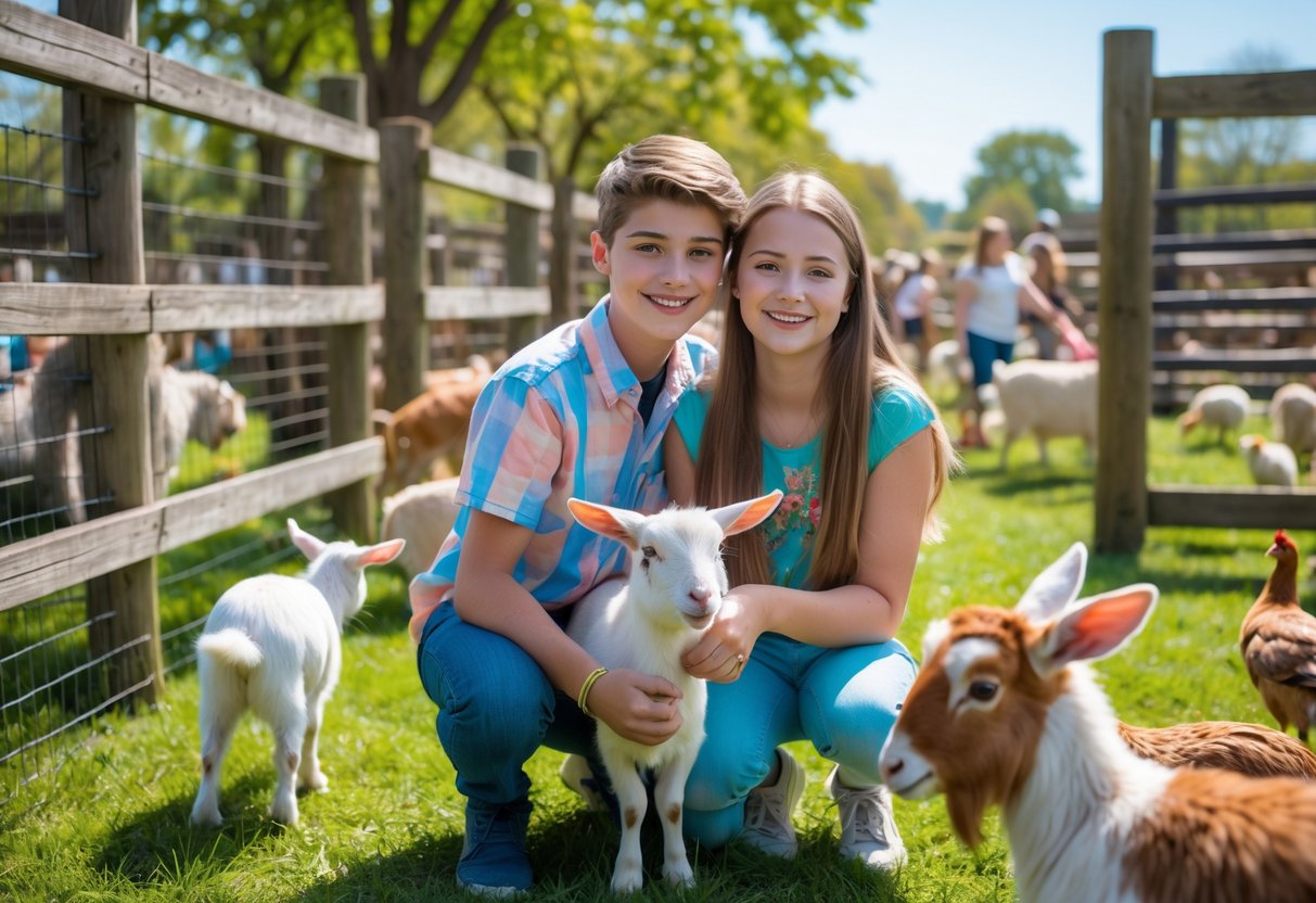Two teenagers smiling and petting animals at a petting zoo on a sunny day.