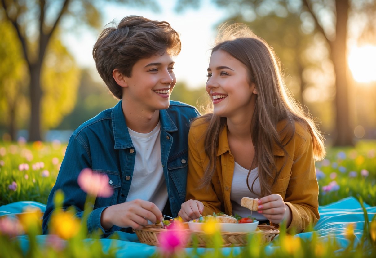 A teenage boy and girl enjoying a picnic together outdoors on a sunny day.