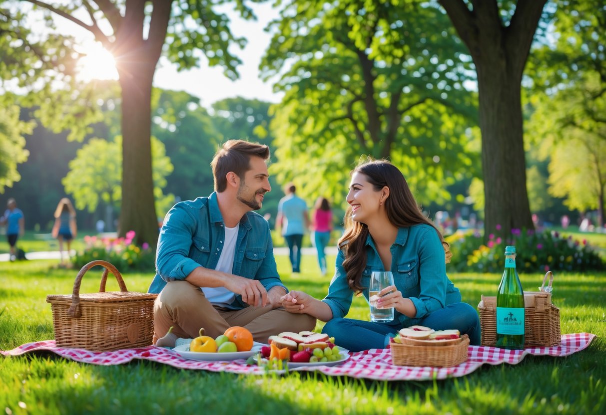 A young couple sitting on a picnic blanket in a green park, enjoying a sunny day with food and drinks around them.