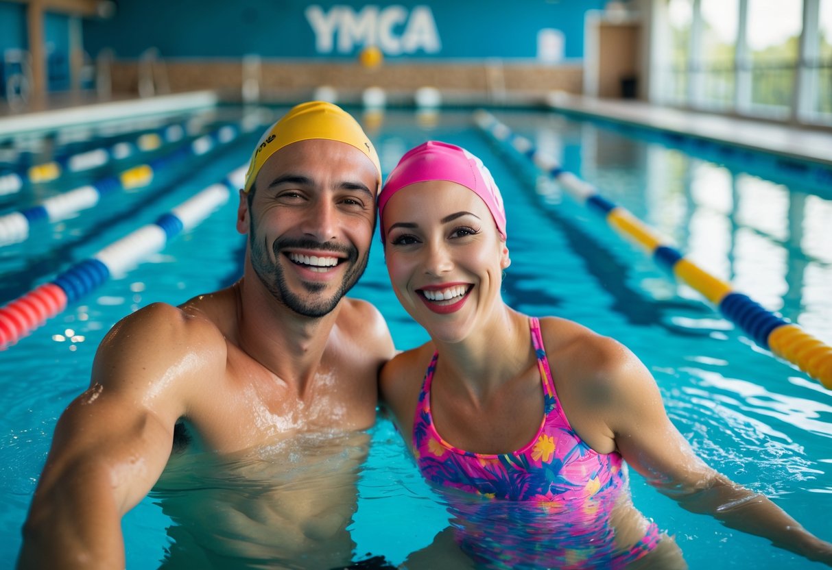 A smiling couple enjoying a swim together in an indoor YMCA pool.