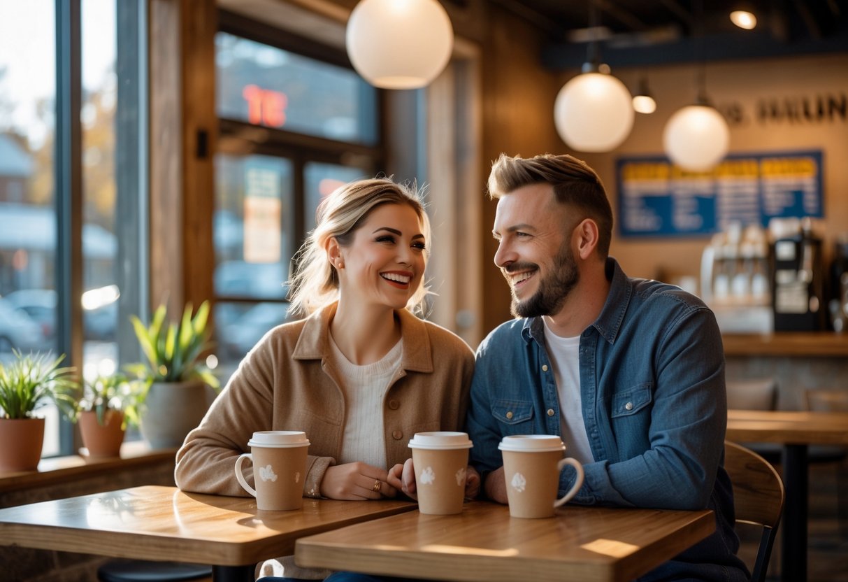 A couple smiling and talking while having coffee together in a cozy cafe near the YMCA.
