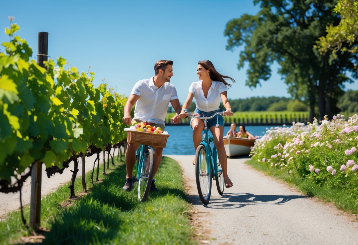 A young couple enjoying a picnic in a vineyard, riding vintage bicycles, and preparing to row a boat on a lake.