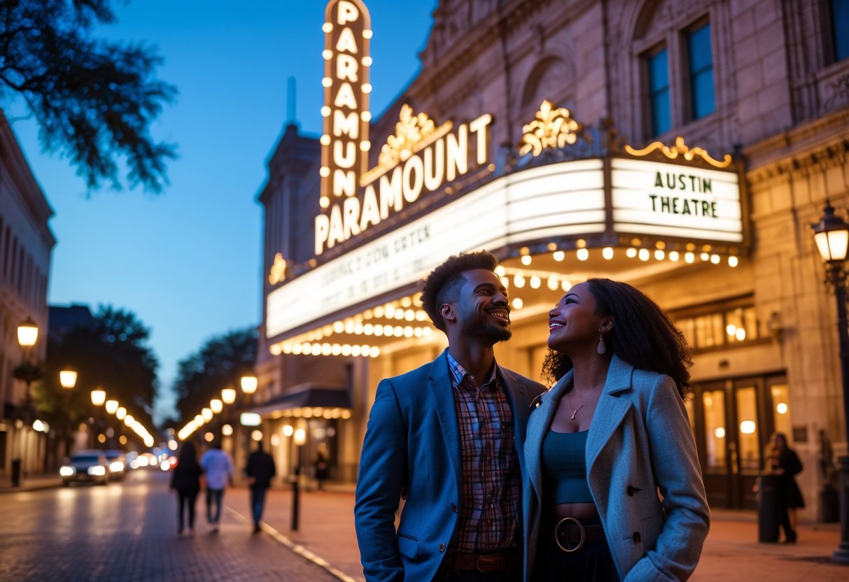 A young couple smiling outside the illuminated Paramount Theatre in Austin, Texas during the evening.