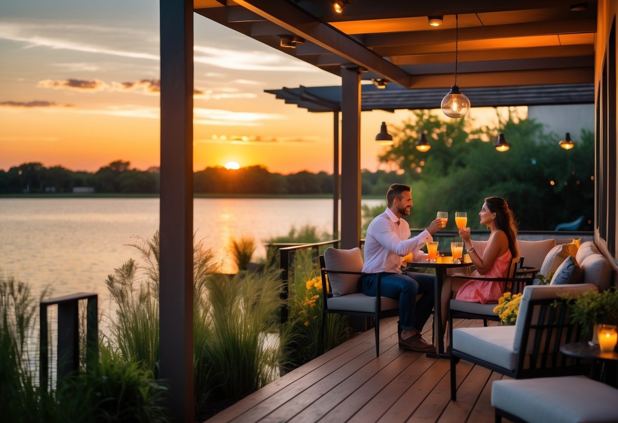 A couple enjoying cocktails on a wooden deck overlooking a lake at sunset with warm orange and golden colors in the sky.