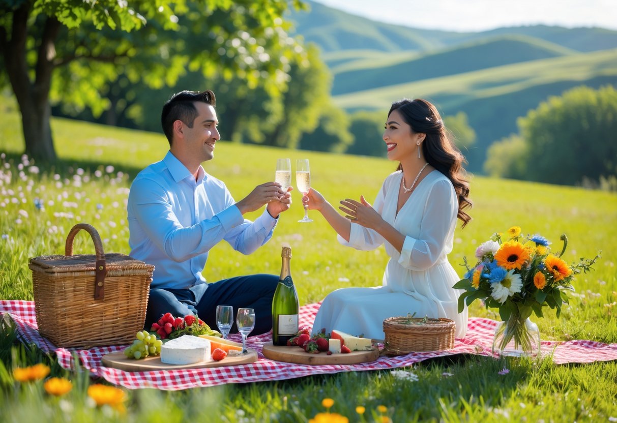 A couple exchanging vows during a picnic on a checkered blanket in a sunny park surrounded by grass and flowers.