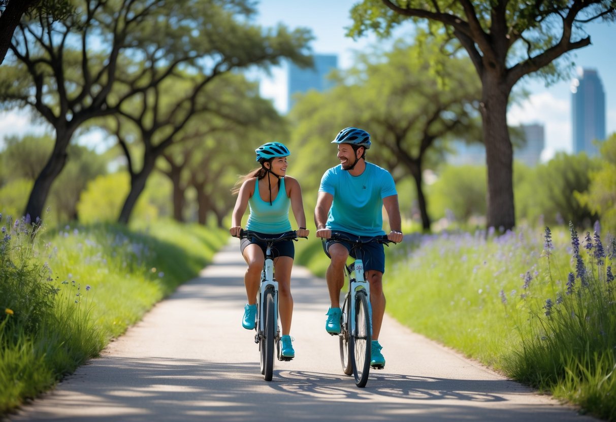 A couple riding bicycles together on a tree-lined trail with a sunny sky.