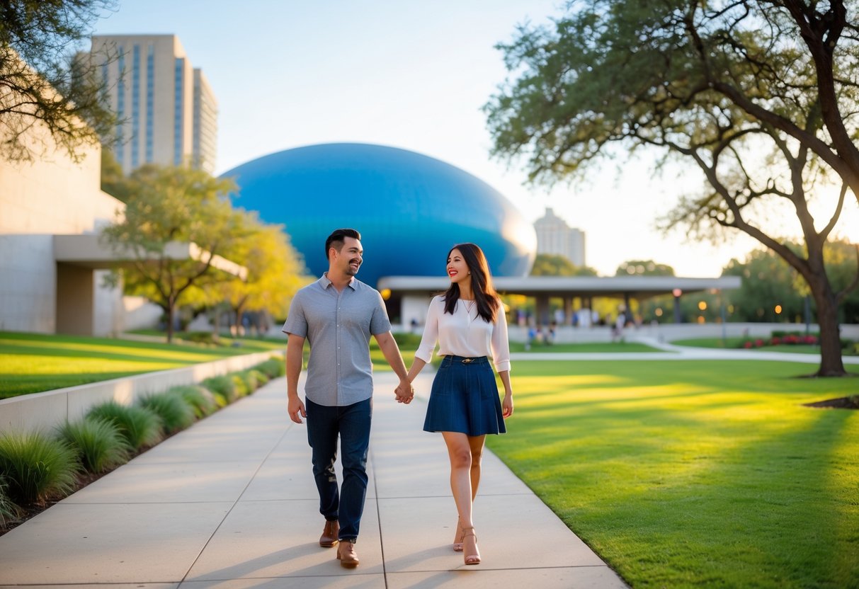A couple walking hand in hand outside the Blanton Museum of Art in Austin on a sunny day.