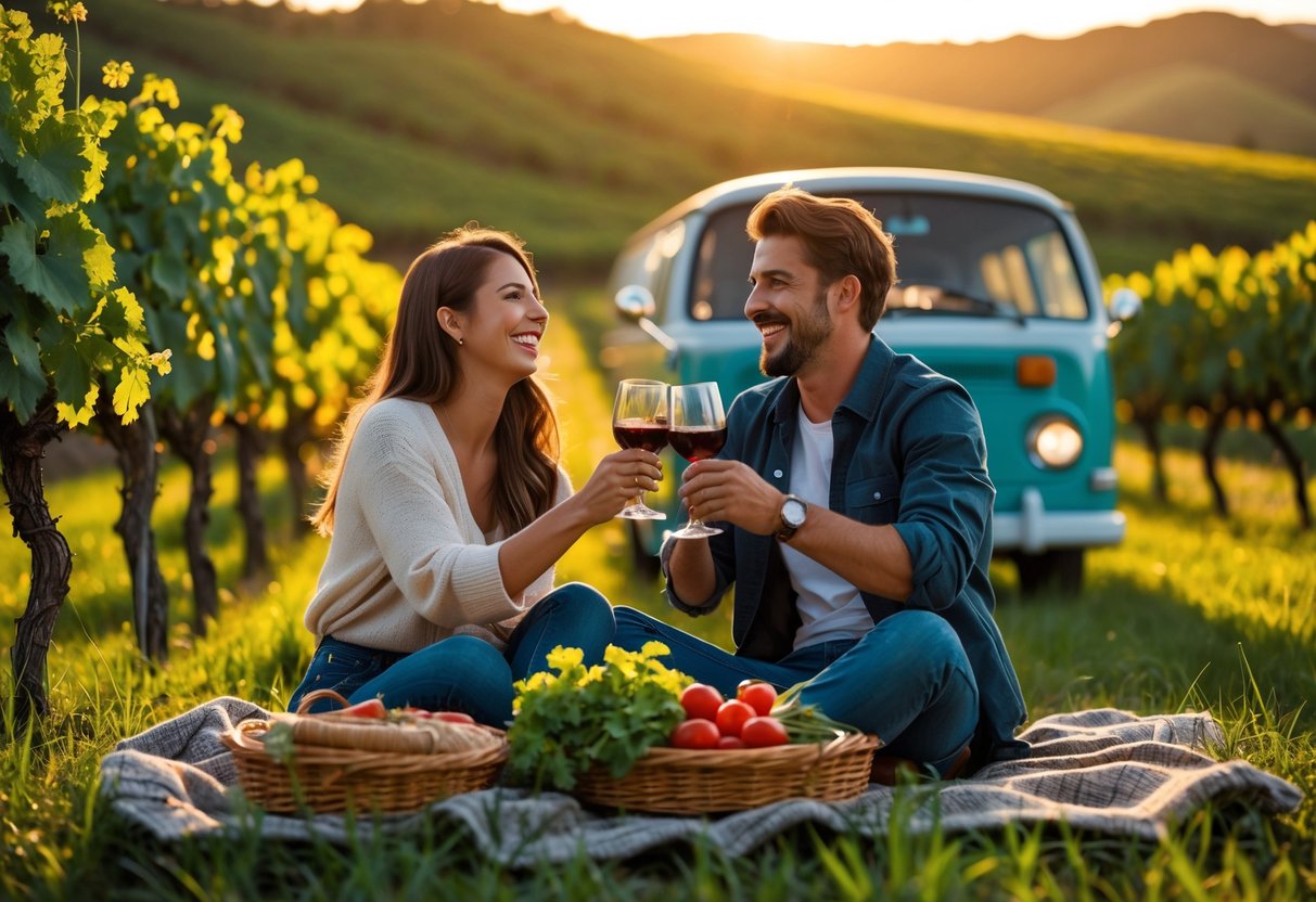 A couple having a picnic in a vineyard at sunset with grapevines and a vintage van nearby.