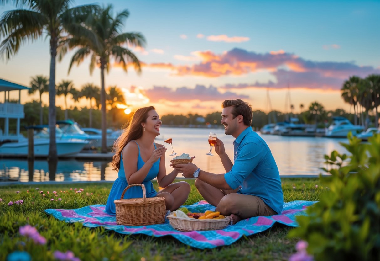 A couple enjoying a picnic at sunset by the water with palm trees and boats in the background.