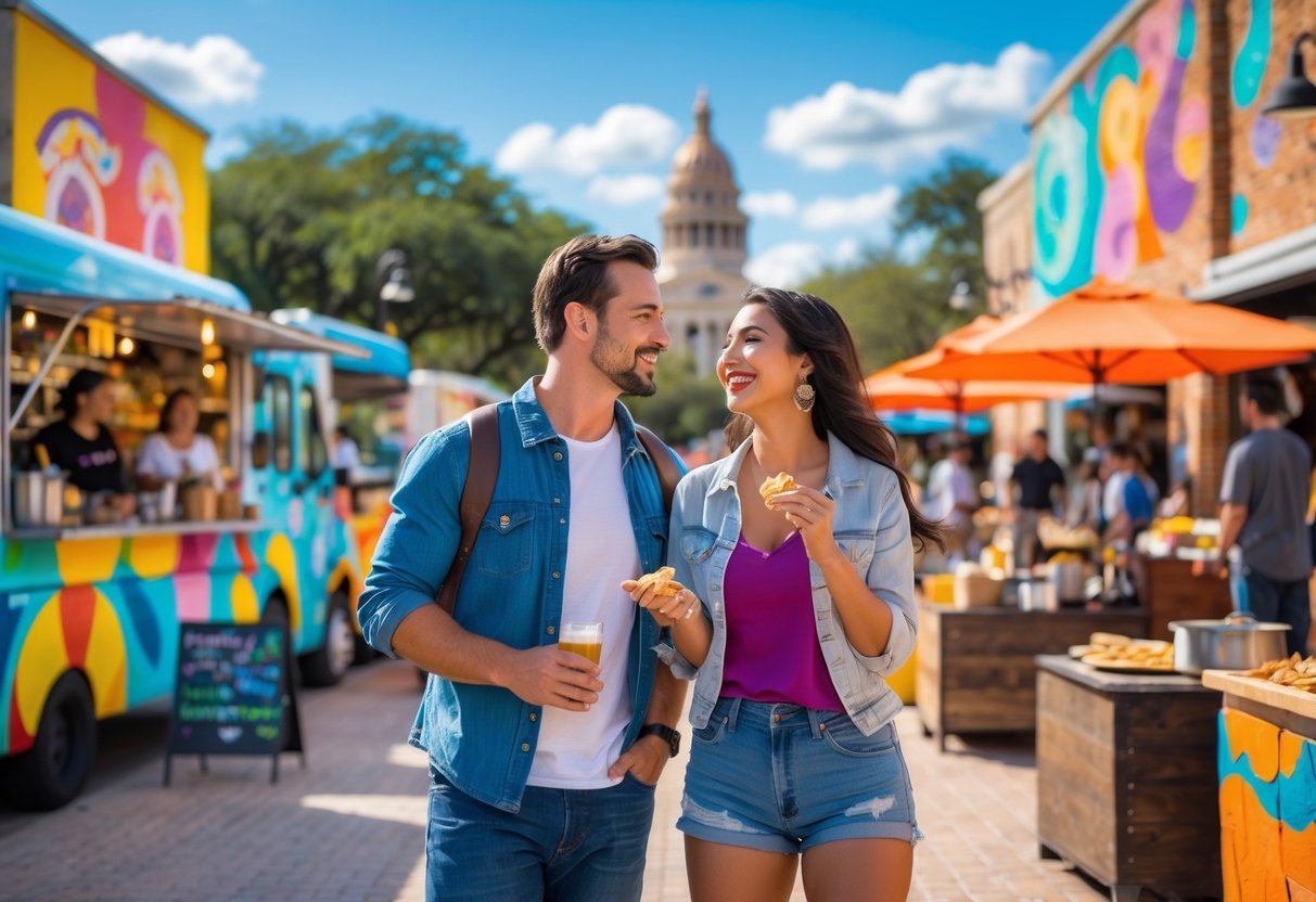 A couple enjoying a lively outdoor market in Austin, Texas, surrounded by food trucks, musicians, and colorful murals.