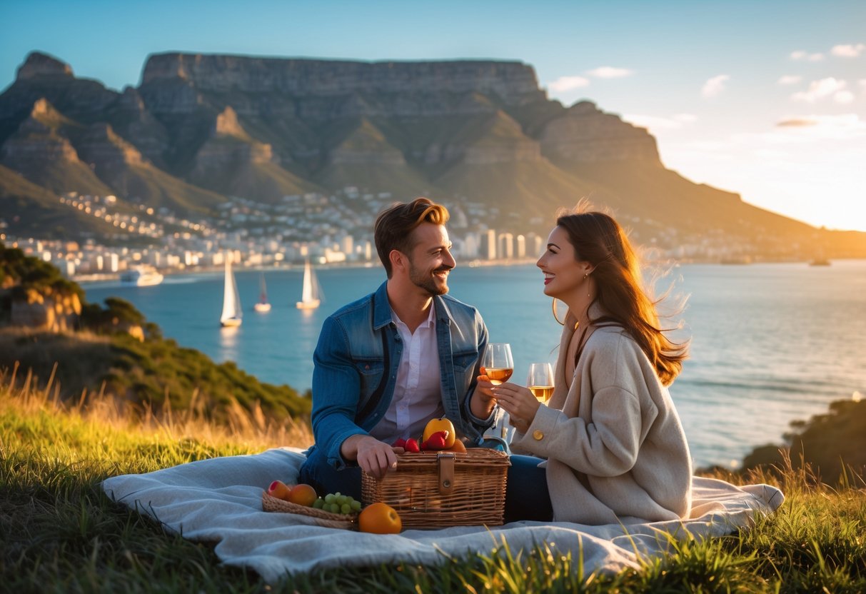 A couple having a picnic on a hill with Table Mountain and the city of Cape Town in the background during sunset.