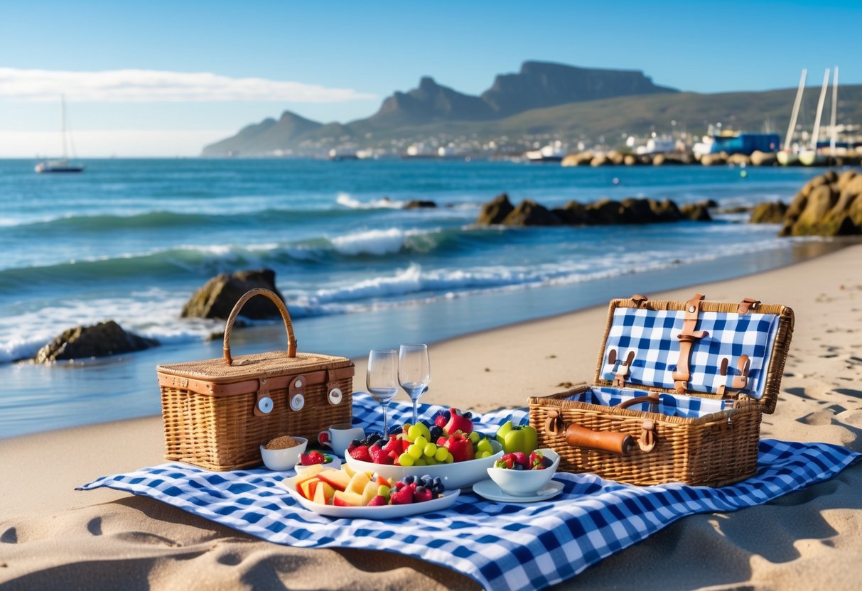 A picnic setup on the sandy shore of Kalk Bay Beach with a basket, blanket, and snacks near the water and colorful boats in the background.