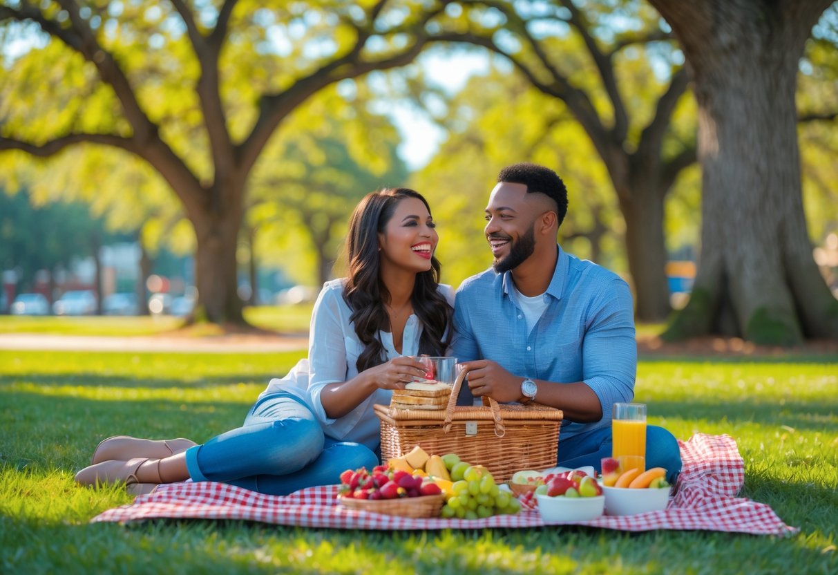 A couple having a picnic together on a blanket in a green park with trees and blue sky.