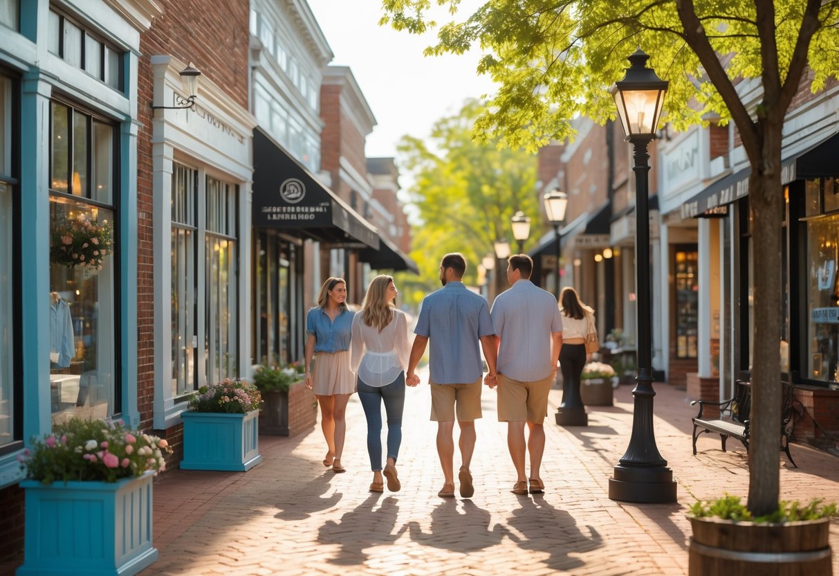 Couples walking and browsing shops on a sunny downtown street with colorful storefronts and trees.