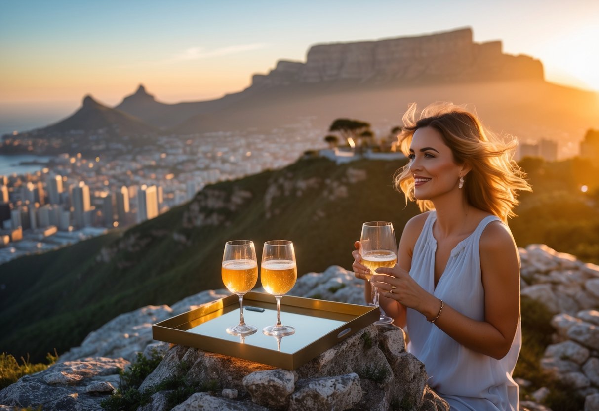 A couple enjoying drinks at sunset on a rocky hill overlooking Cape Town and Table Mountain.