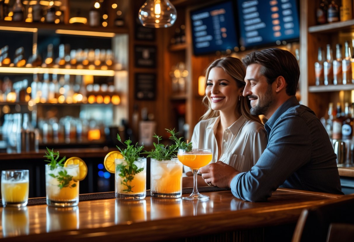 A couple enjoying craft cocktails at a warmly lit bar with shelves of spirits in the background.