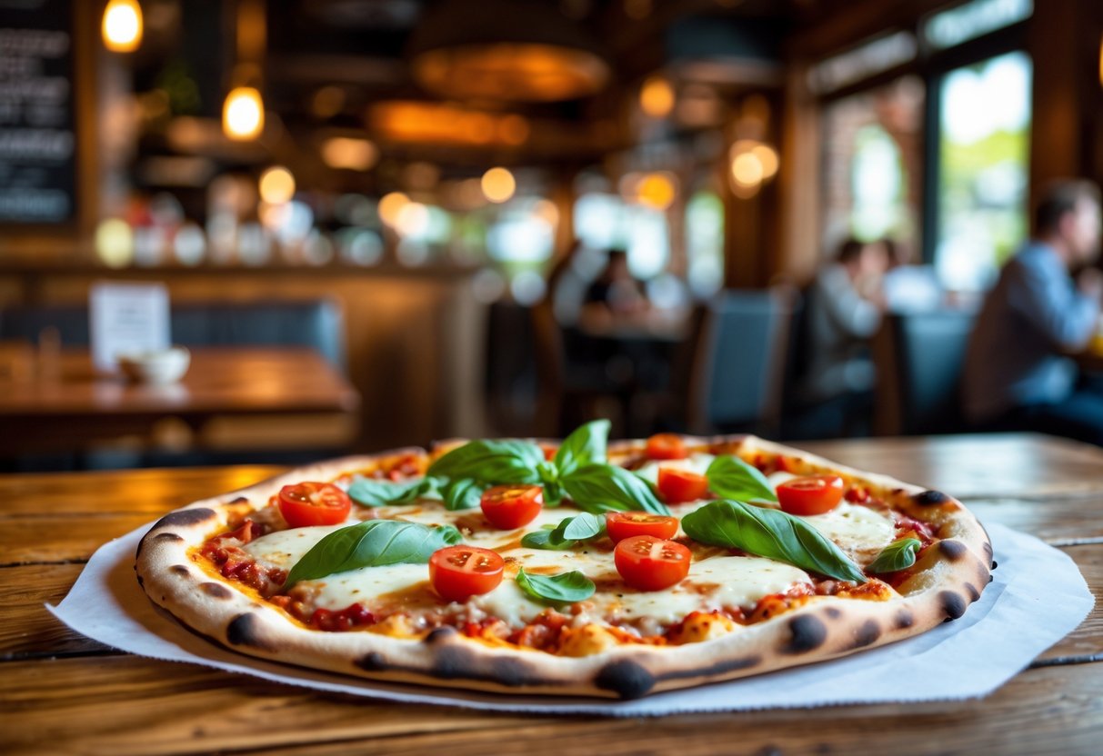A freshly baked pizza with melted cheese, basil, and cherry tomatoes on a wooden table inside a cozy restaurant.