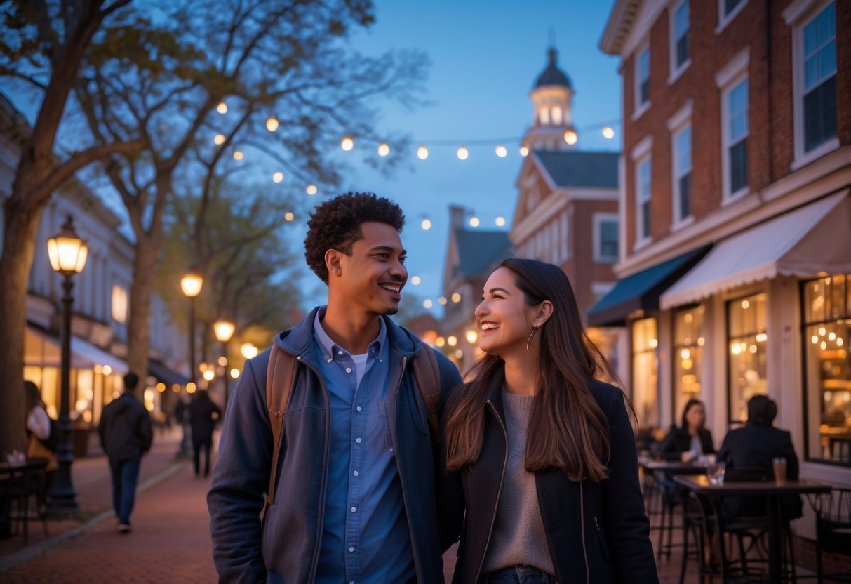 A young couple walking and talking on a tree-lined street in Cambridge, Massachusetts during evening with cafes and lights in the background.
