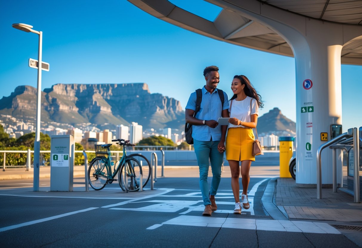 A young couple using a smartphone to navigate transportation near a station with Table Mountain and Cape Town skyline in the background.