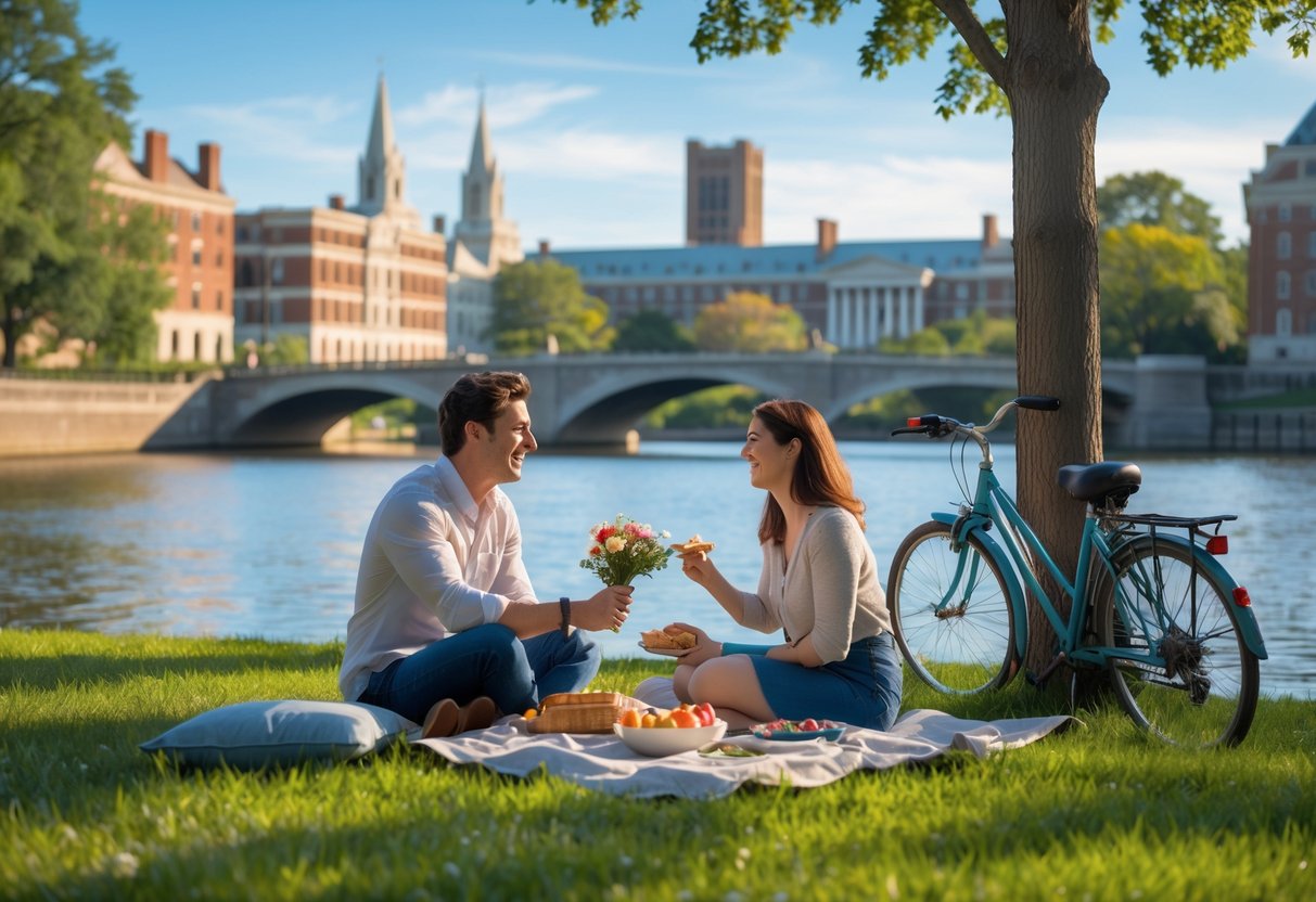 A young couple sitting on a picnic blanket by the Charles River in Cambridge, sharing a meal with Harvard buildings in the background.