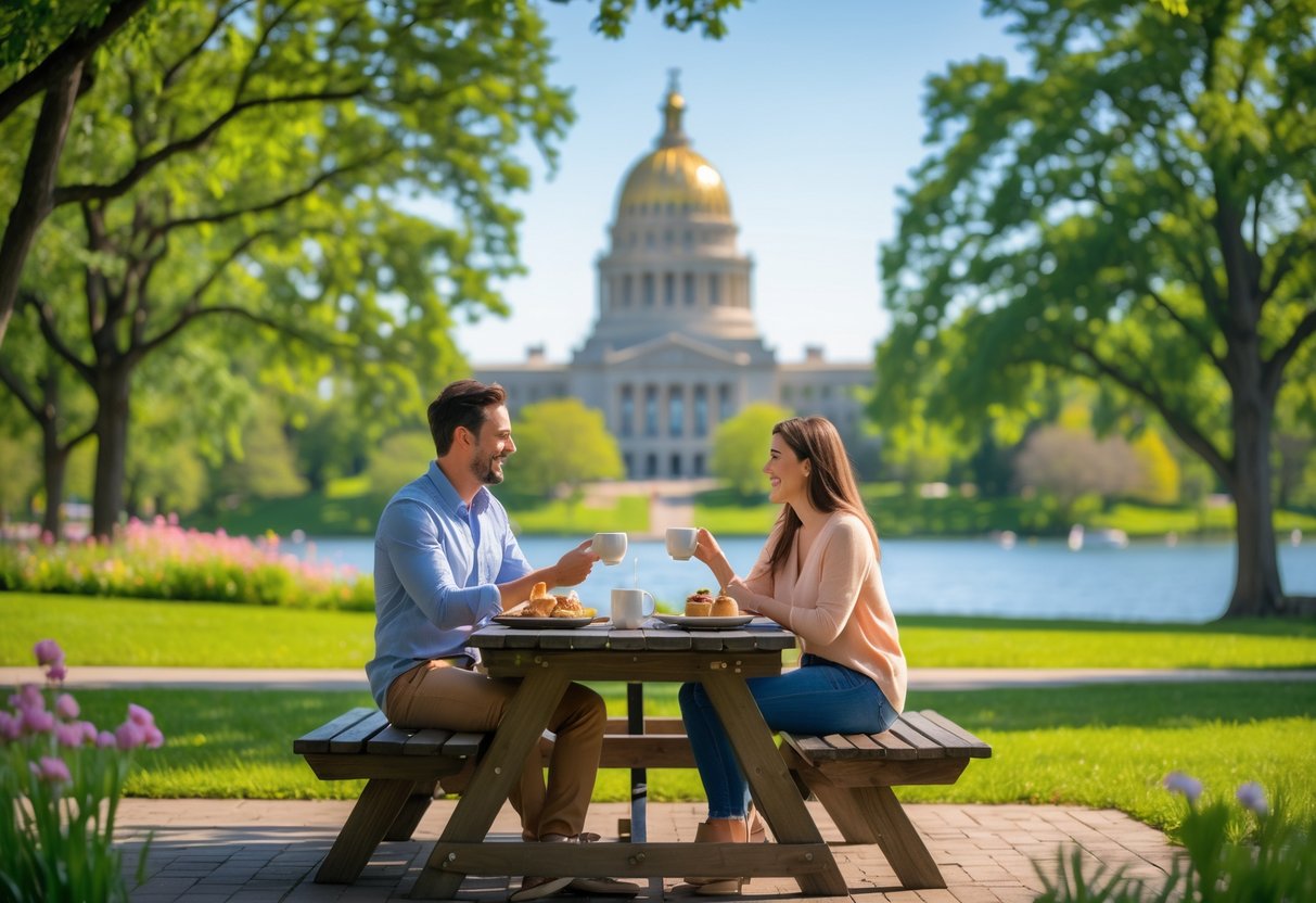 A couple enjoying a picnic together at a park near the State Capitol building in Madison, Wisconsin, with trees and a lake in the background.