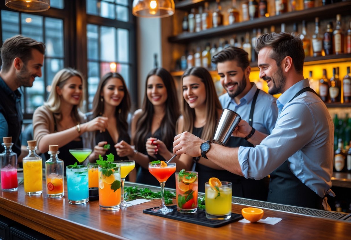 People participating in a cocktail-making class at a stylish bar, mixing drinks and interacting with an instructor.