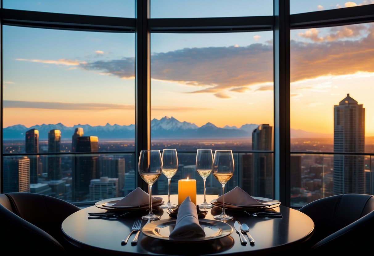 A romantic dinner table set for two with a panoramic view of Calgary city and mountains at sunset from inside the Calgary Tower.