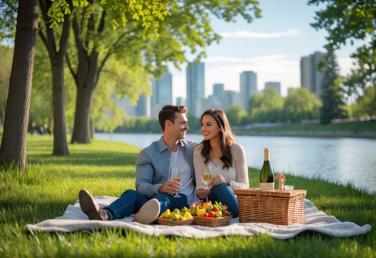 A couple having a picnic on a blanket in a green park near a river with trees and city buildings in the background.