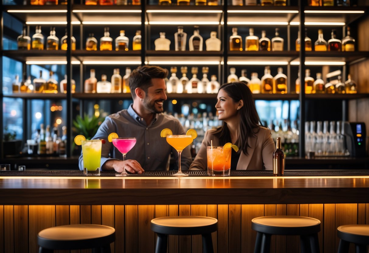 Two people enjoying cocktails at a stylish bar with warm lighting and an intimate atmosphere.