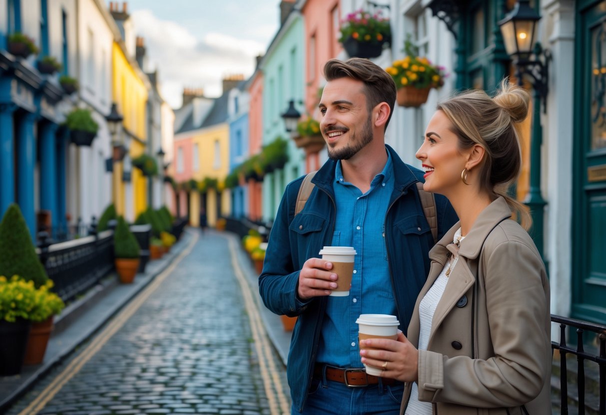 A couple on a guided tour walking along a charming historic street in Dublin with colorful townhouses and a smiling tour guide pointing out sights.