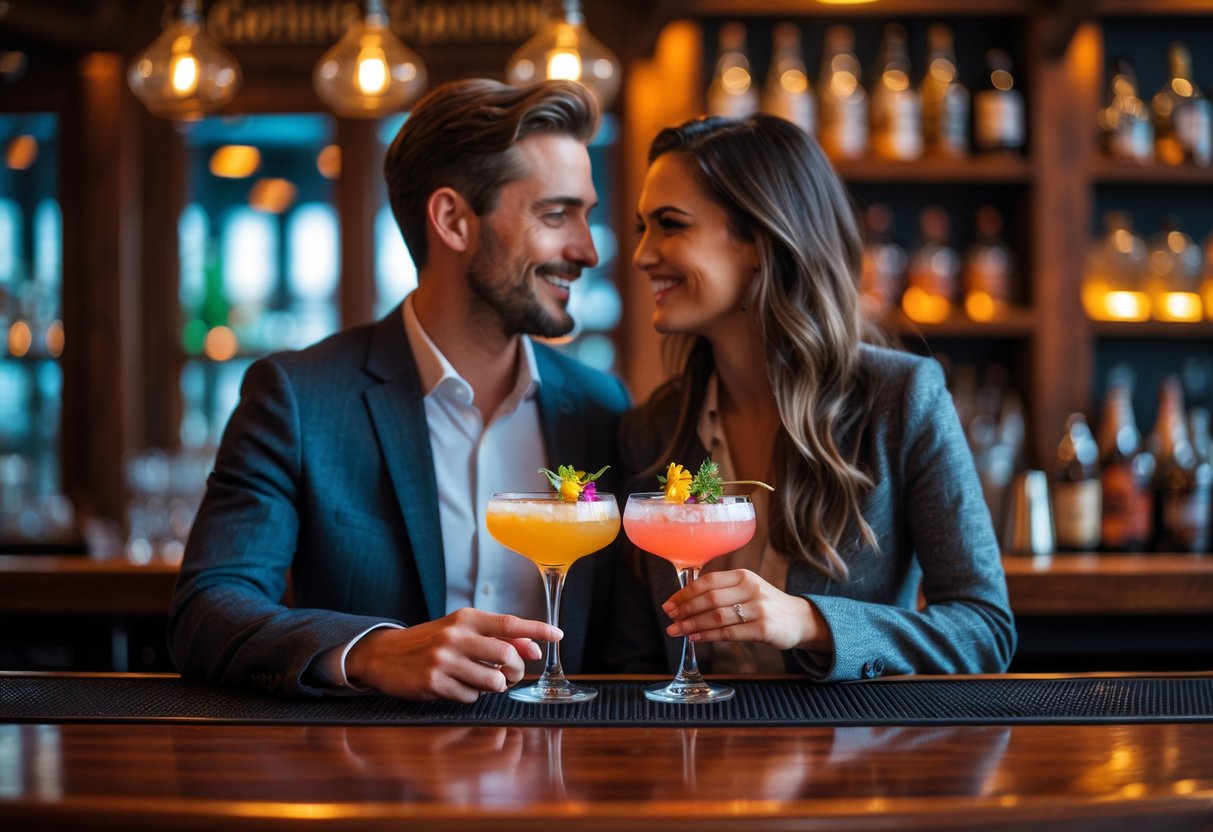 A couple enjoying cocktails together at a cozy bar with warm lighting and wooden decor.