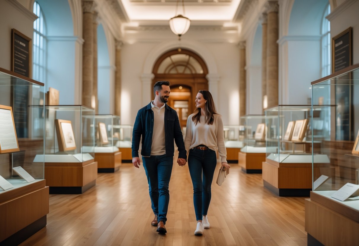 A couple walking hand in hand inside the Chester Beatty Library surrounded by ancient manuscripts and artifacts.