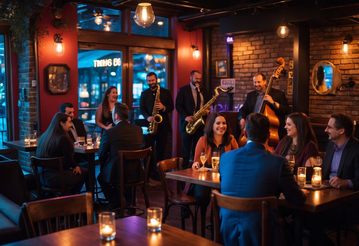 Couples and groups enjoying live jazz music in a cozy, warmly lit jazz club with musicians playing on a small stage.