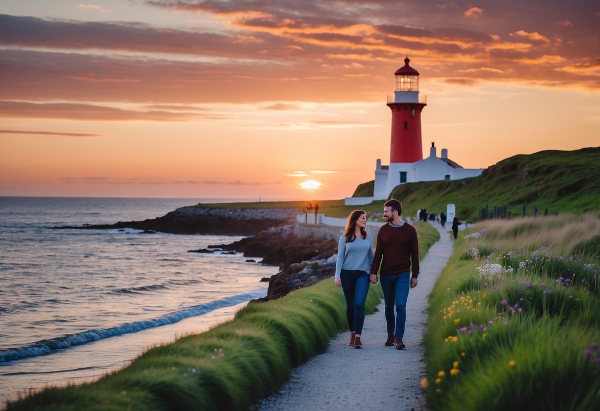 A couple walking hand-in-hand along a coastal path near Poolbeg Lighthouse at sunset with calm sea and colorful sky.