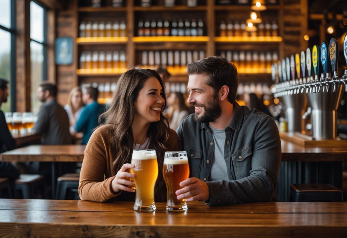 A couple enjoying craft beers together in a cozy brewery setting with wooden tables and warm lighting.