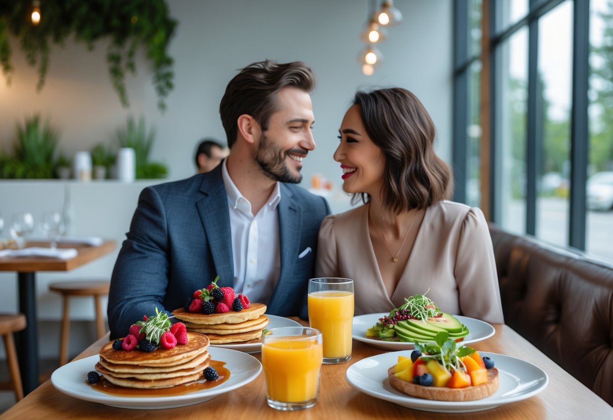Two people enjoying a brunch together at a bright cafe table with pancakes, avocado toast, fruit salad, coffee, and orange juice.