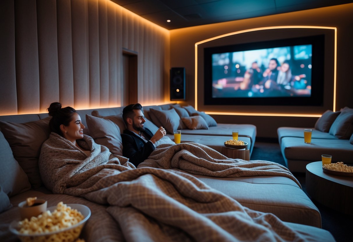 A couple relaxing on comfy beds inside a cozy cinema, watching a movie together.