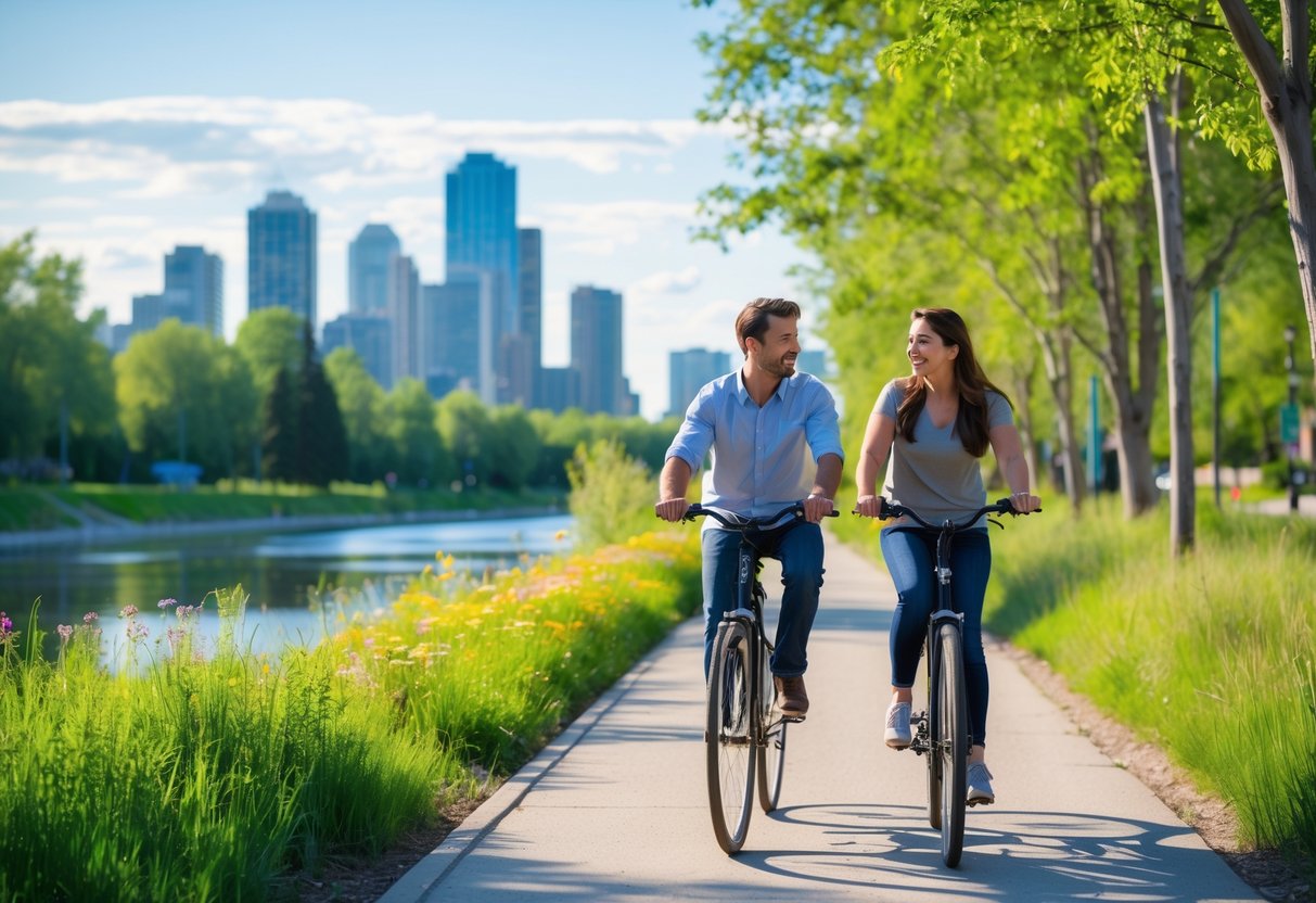 A young couple riding bicycles together along a riverside pathway with trees and city buildings in the background.