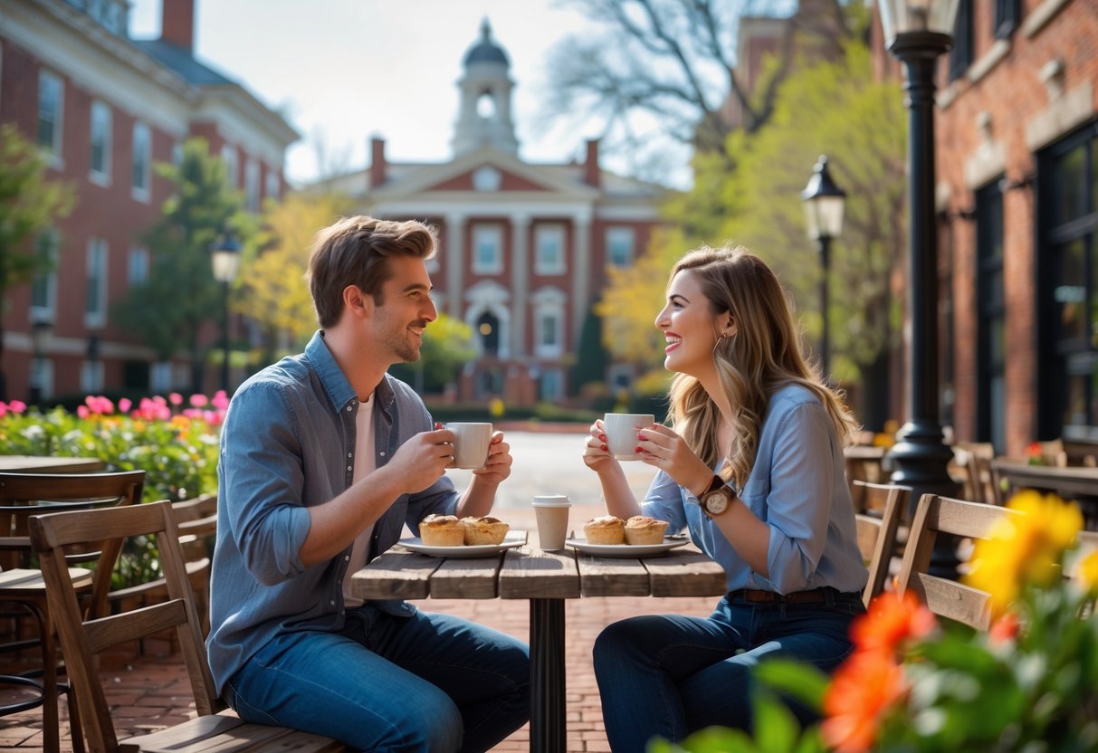 A young couple enjoying coffee together at an outdoor café with greenery and historic buildings in the background in Athens, Georgia.