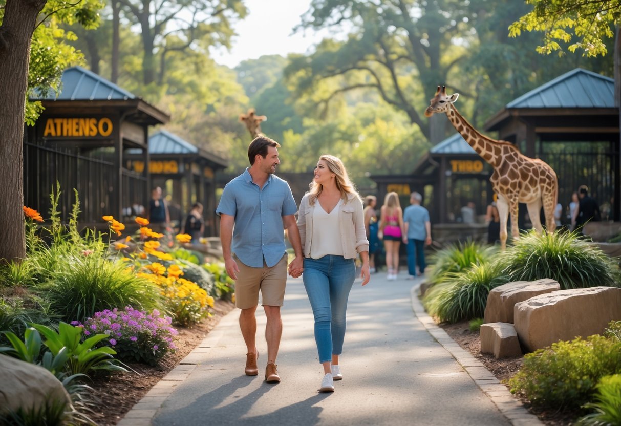 A couple walking hand in hand along a zoo pathway surrounded by trees and animal enclosures.