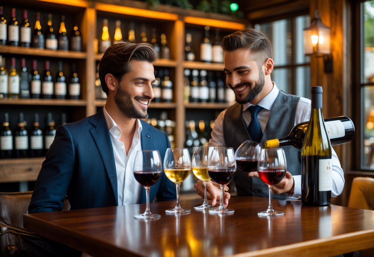A couple enjoying a wine tasting at a cozy wine and gourmet shop with a sommelier pouring wine.