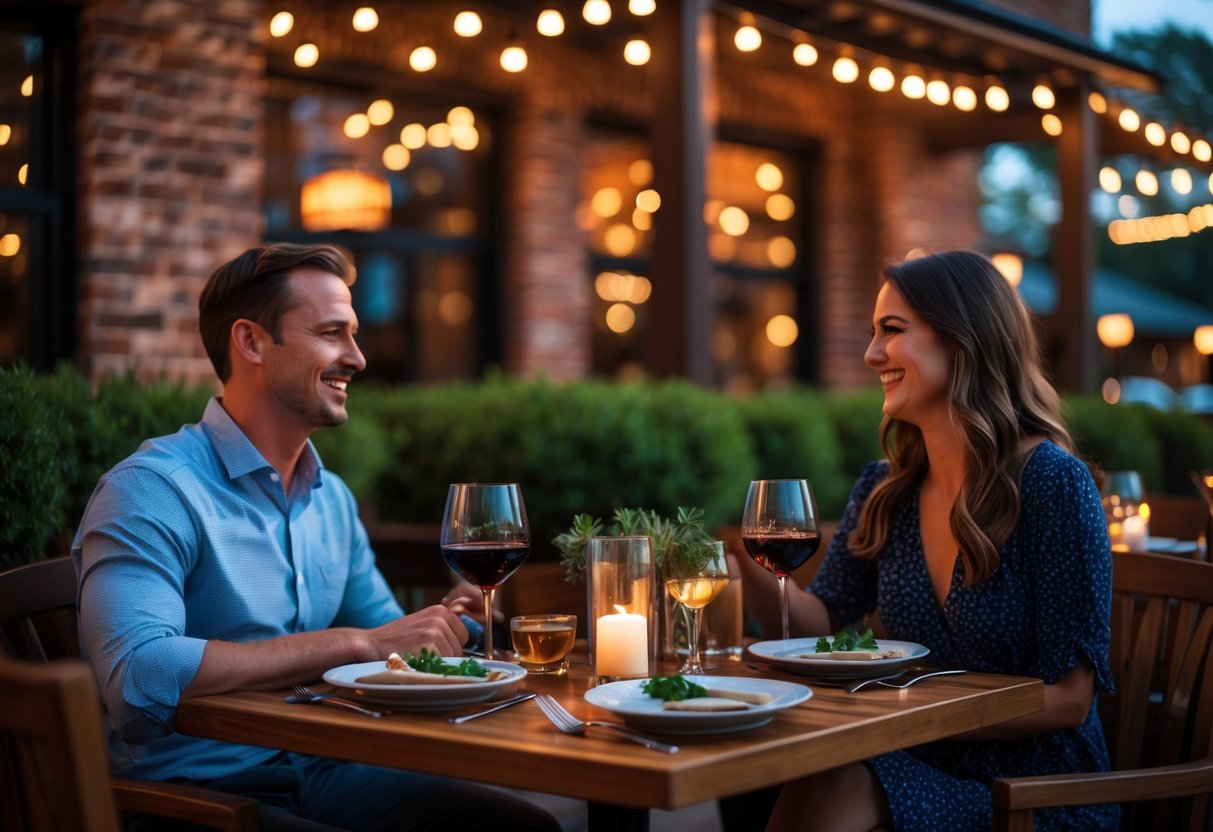 A couple enjoying dinner and drinks at an outdoor table at Porterhouse Grill in Athens, Georgia during the evening.
