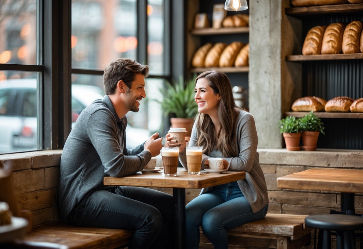 A young couple enjoying coffee and pastries together at a small table inside a cozy bakery.