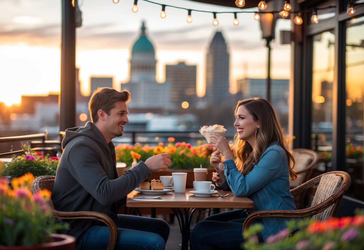 A young couple enjoying coffee together at an outdoor café patio with the Des Moines skyline in the background during sunset.