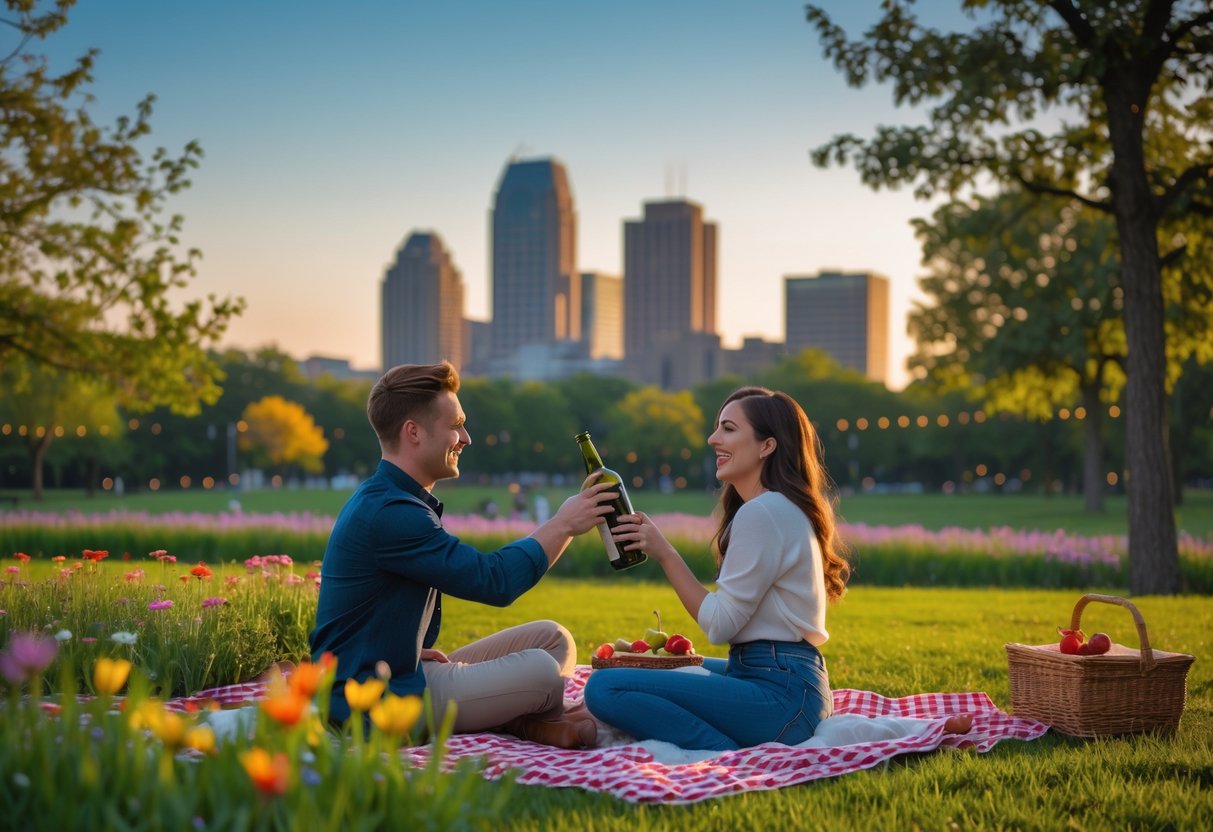 A young couple enjoying a picnic in a park with the Des Moines skyline in the background during sunset.